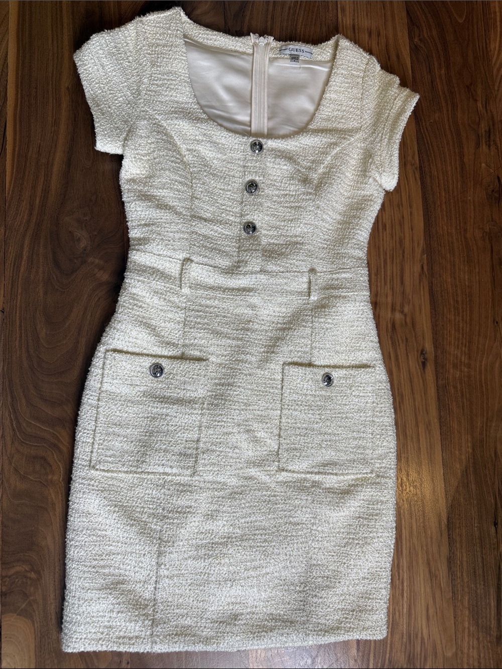 Guess Ivory Tweed Sheath Dress with Front Buttons
